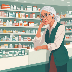older female pharmacist looking pensive