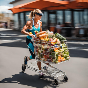 female triathlete running while holding a grocery store cart