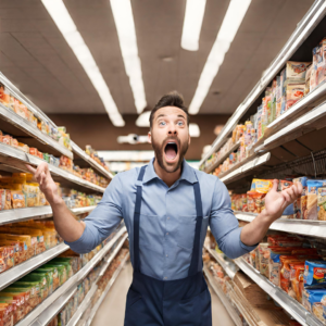 a male grocery store worker looking very surprised