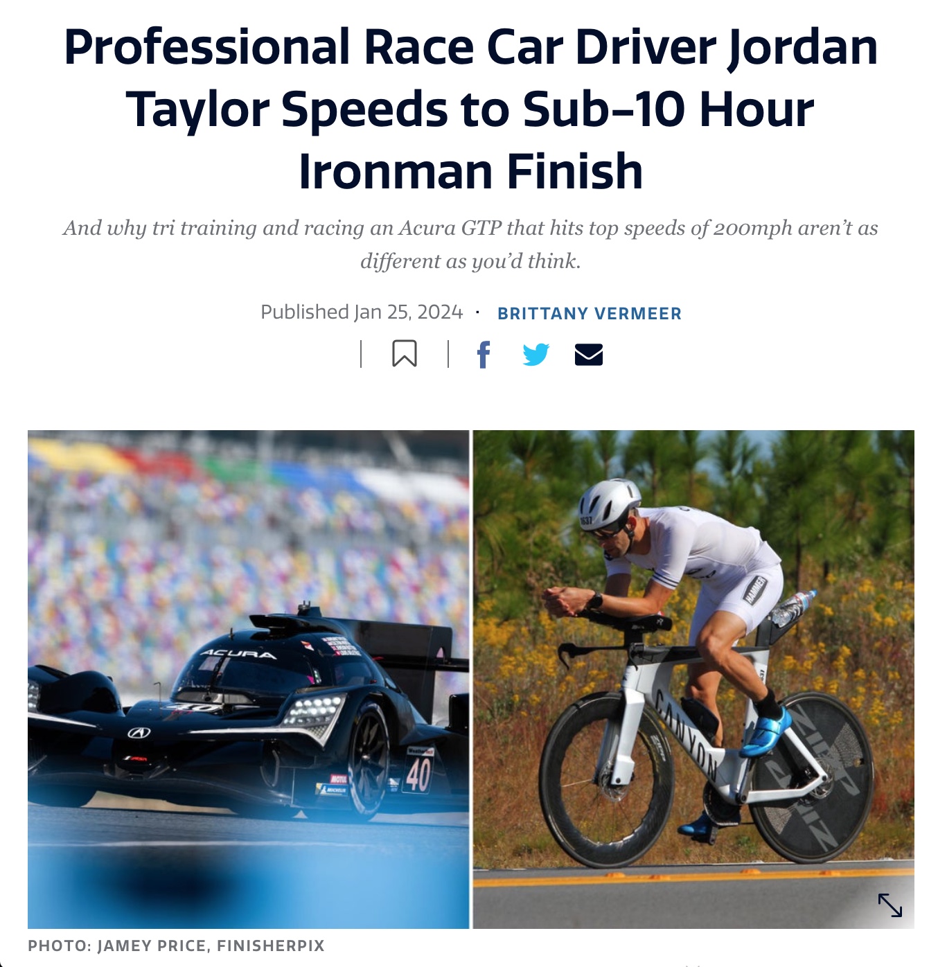 photo of a race car and photo of a male triathlete on a bike
