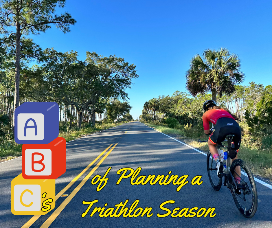 A female triathlete riding a triathlon bike with a graphic that says- the ABC's of planning a triathlon season