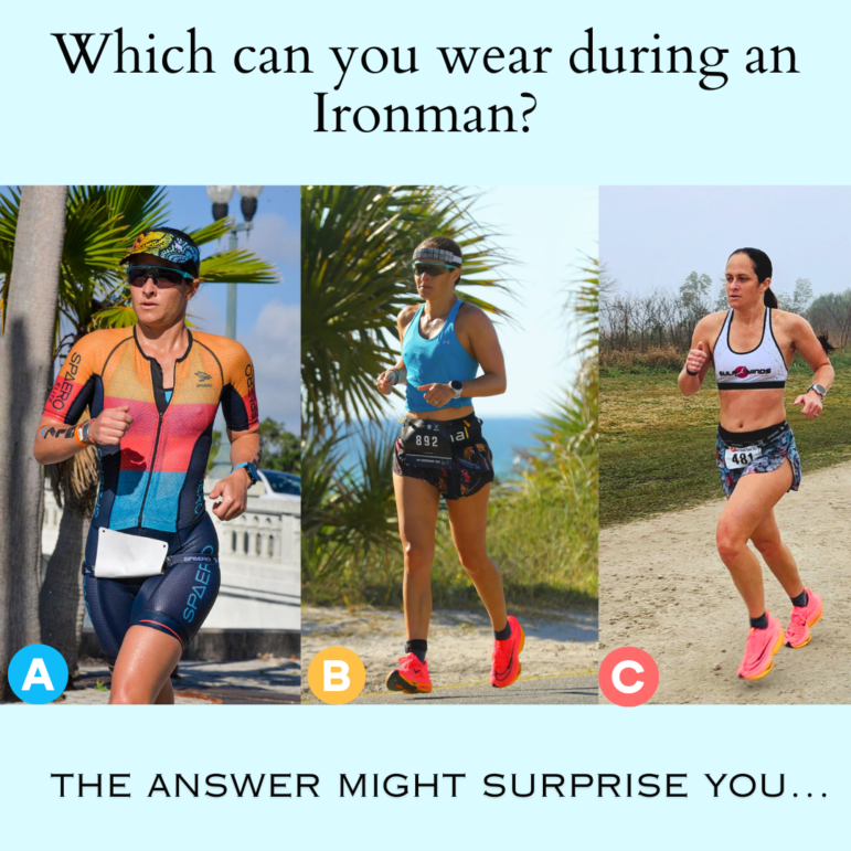 A graphic that shows a female triathlete wearing three different uniforms at an ironman triathlon with the question: which can you wear during an ironman?