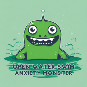 a cute monster with the words- open water swim anxiety monster
